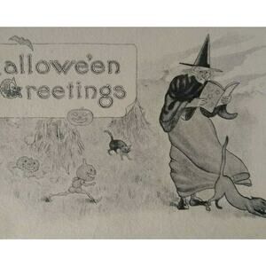 Halloween Postcard Fantasy Running Goblins Witch Black Cat Hay Barton & Spooner